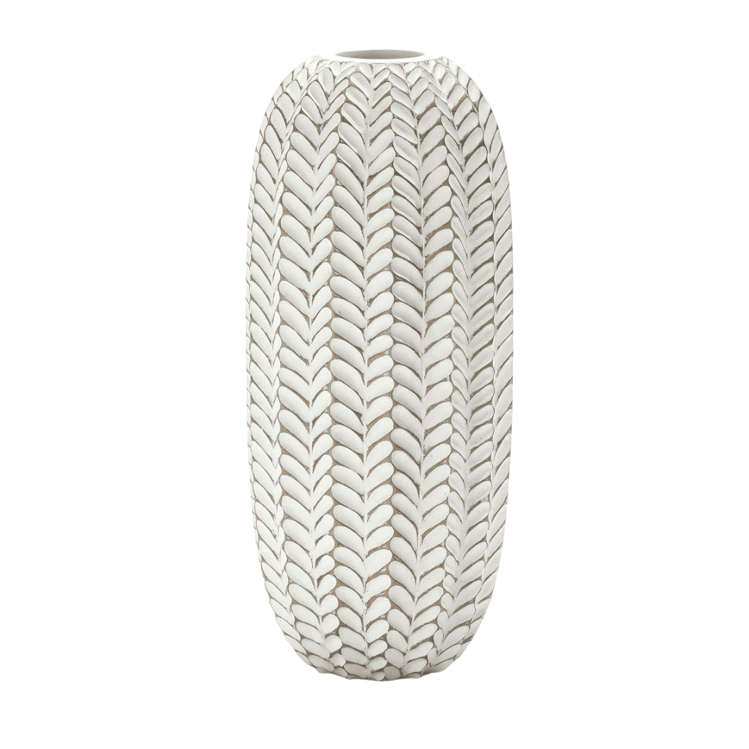 Geometric white vase blends modern design with subtle rustic charm.