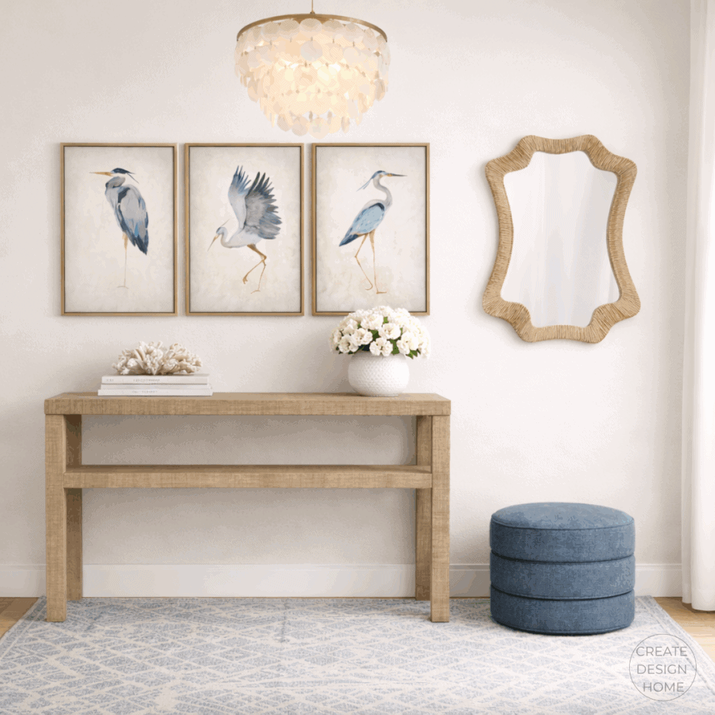 Coastal entryway featuring a light wood console table, blue patterned rug, bird artwork, and soft blue upholstered stool