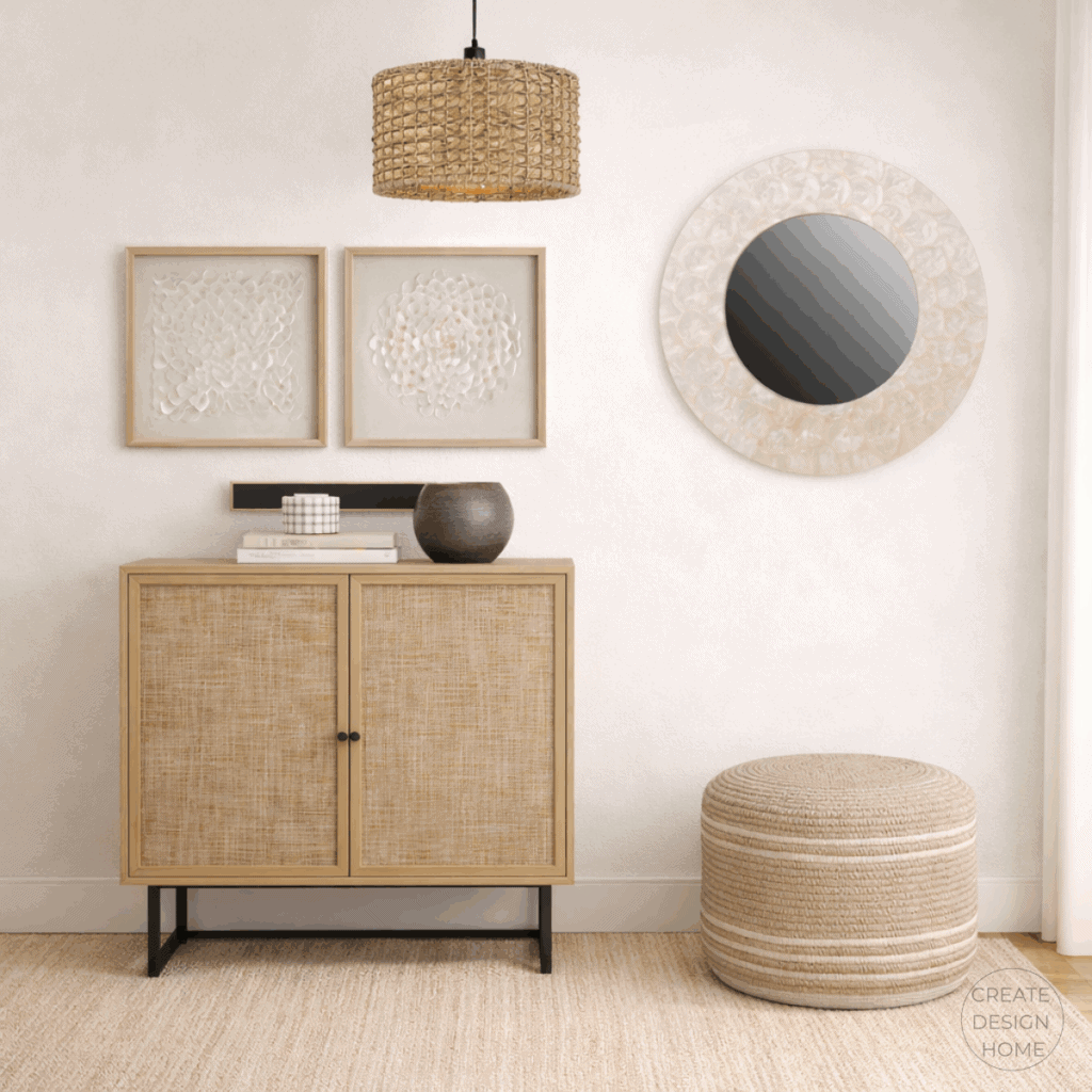 Coastal entryway featuring a textured wood cabinet, woven ottoman, neutral artwork, and a round mirror