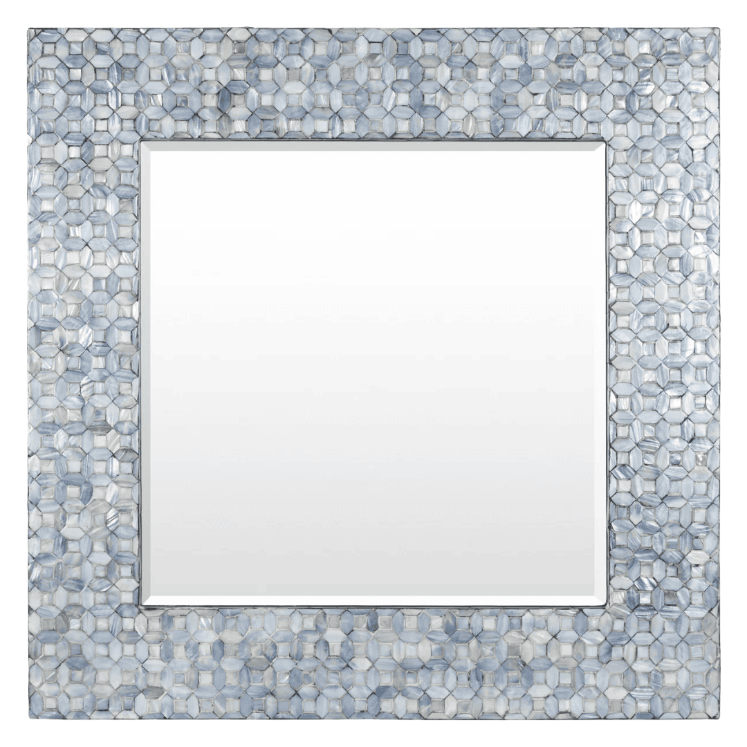 Blue shell mosaic mirror with beveled edges and glam shine