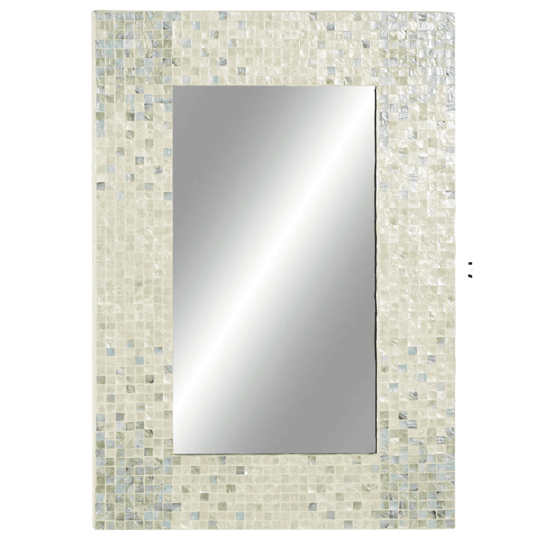 Rectangular mother-of-pearl mirror with subtle blue accents
