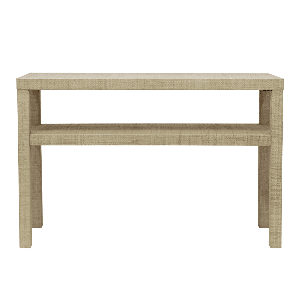 Raffia-wrapped console with relaxed coastal texture and natural warmth