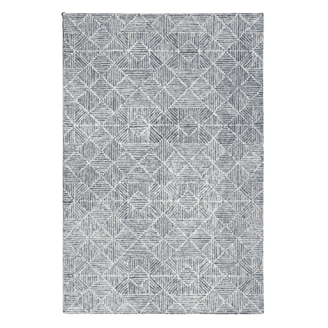 Handwoven blue and ivory geometric rug with coastal character