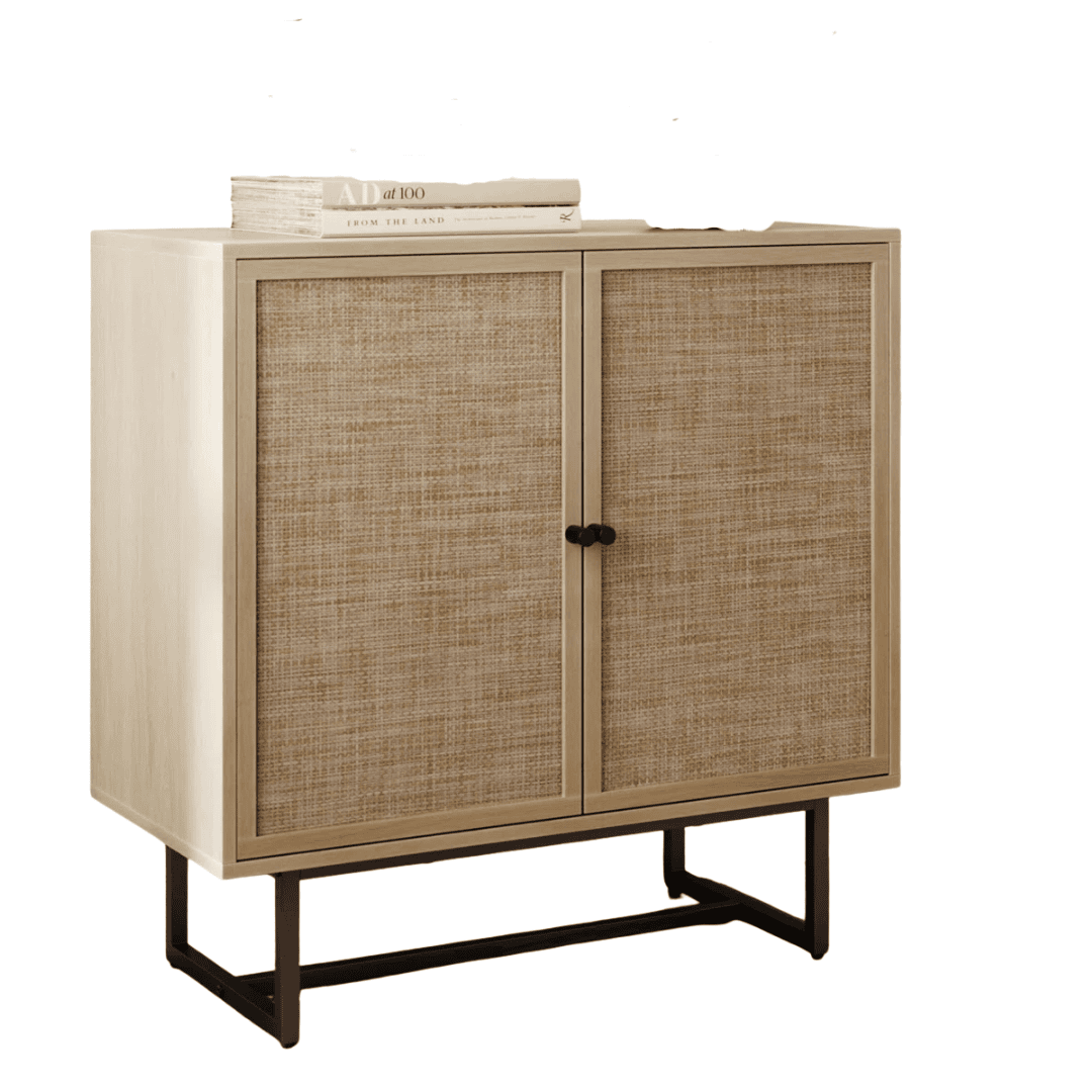 Light wood cabinet with woven rattan doors offering concealed storage and relaxed texture