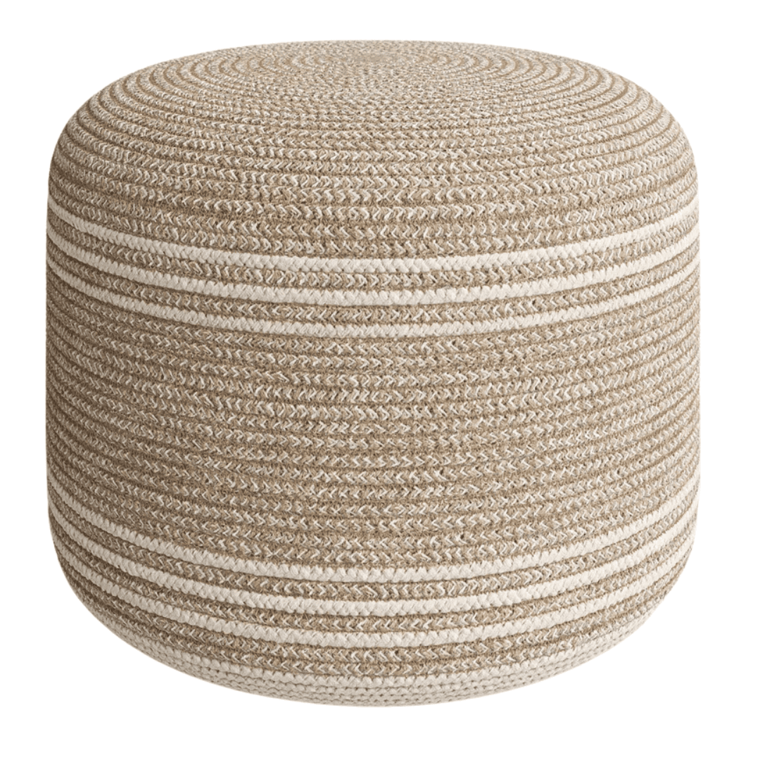 Round woven pouf in neutral tones, adding casual seating and tactile coastal charm.