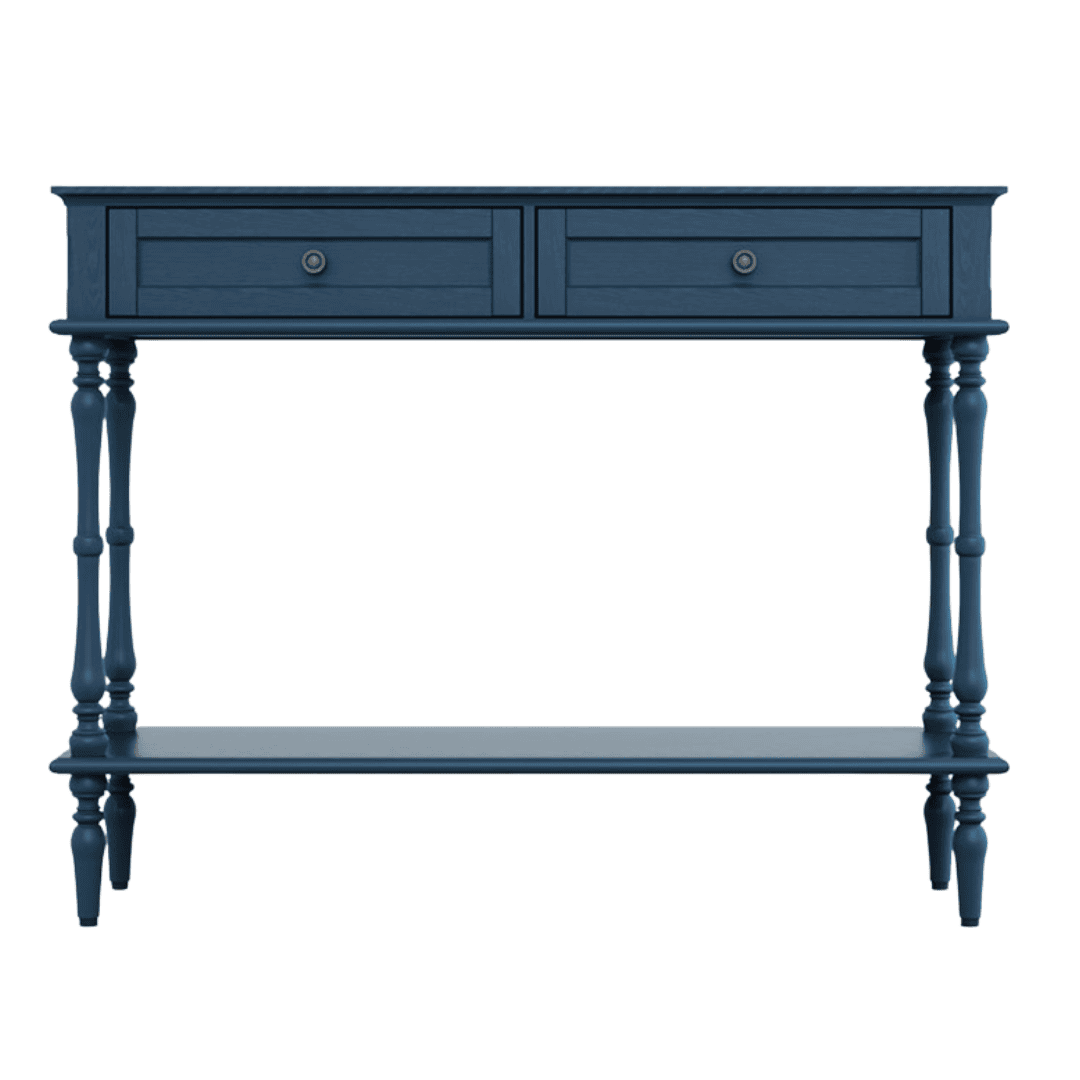 Vintage-inspired console with turned legs, smooth drawers, and an open lower shelf.