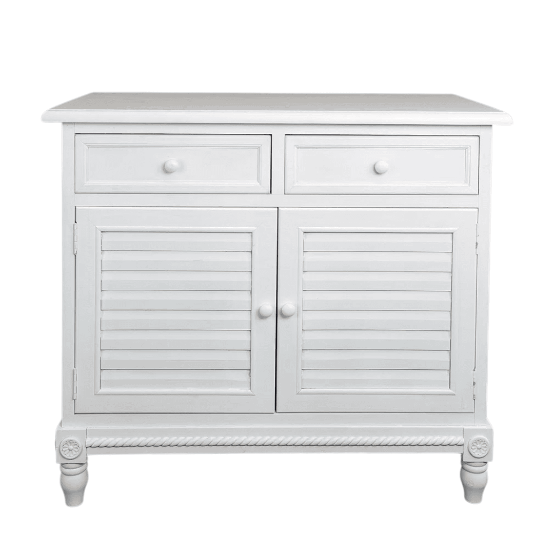 Antique white cabinet with relaxed coastal character and concealed storage.