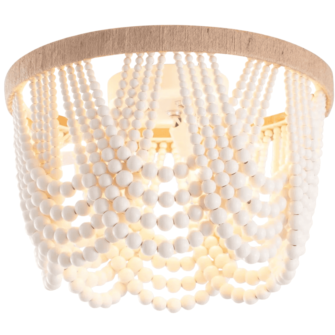 Wood-beaded flush mount casting soft, coastal-inspired light.