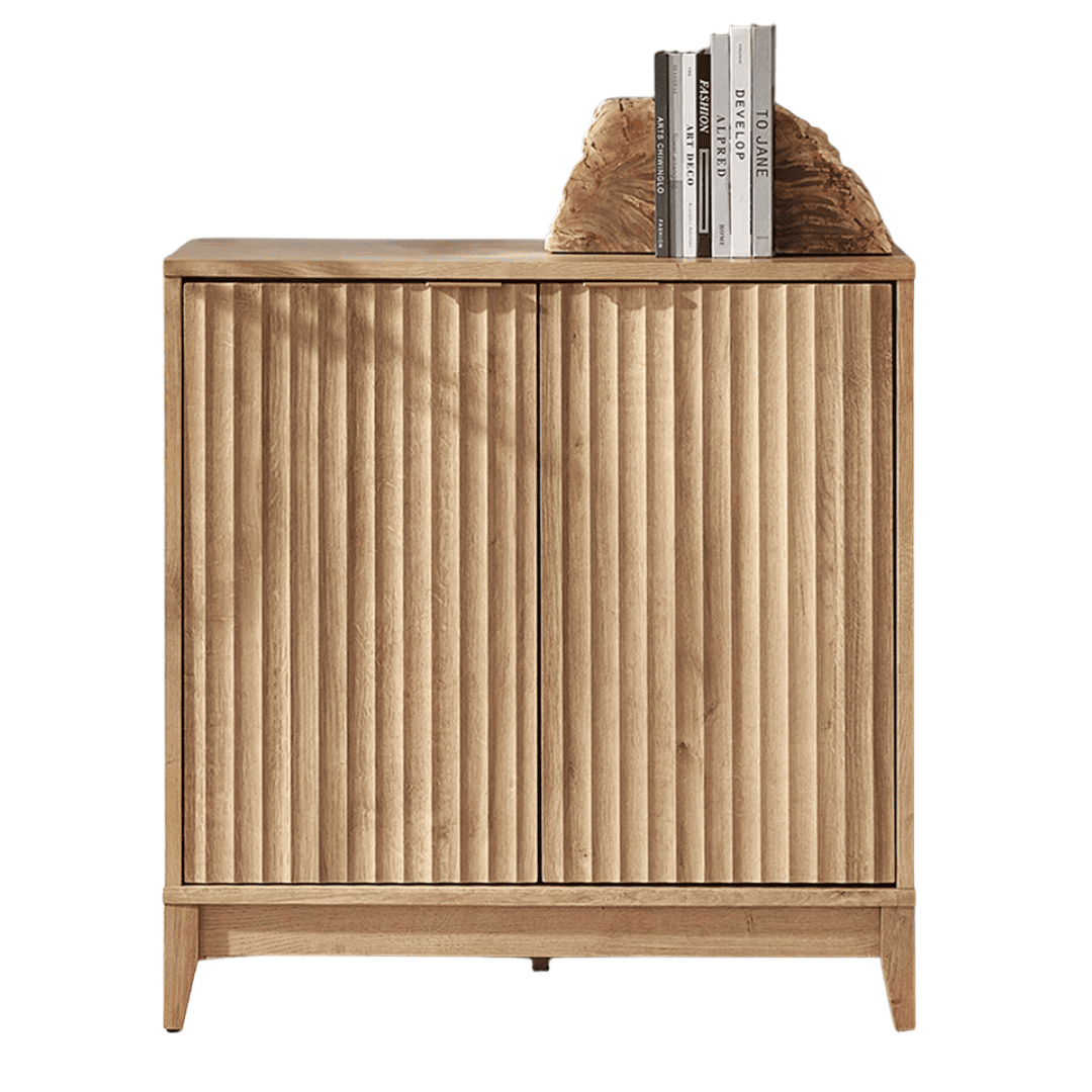 Fluted oak cabinet with warm tones and modern elegance