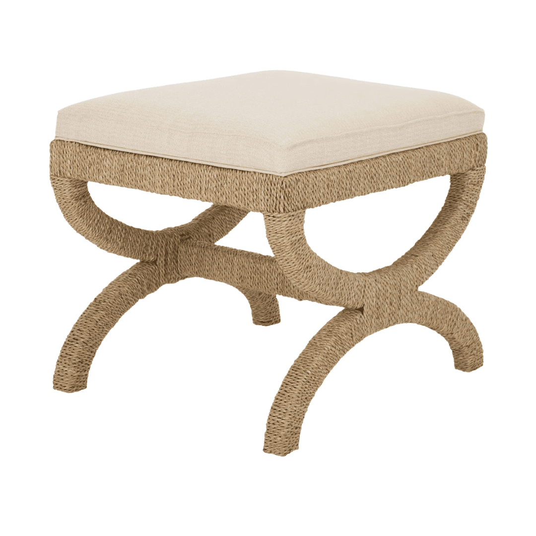 Seagrass-wrapped ottoman with tailored cushion and relaxed style