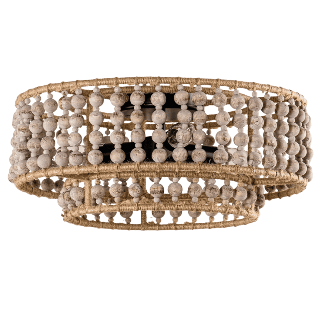 Layered wood bead ceiling light with soft ambient glow