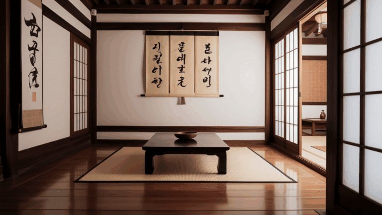 Minimal Japanese interior with tatami mat flooring, low table, and open shoji screens emphasizing space, balance, and quiet.