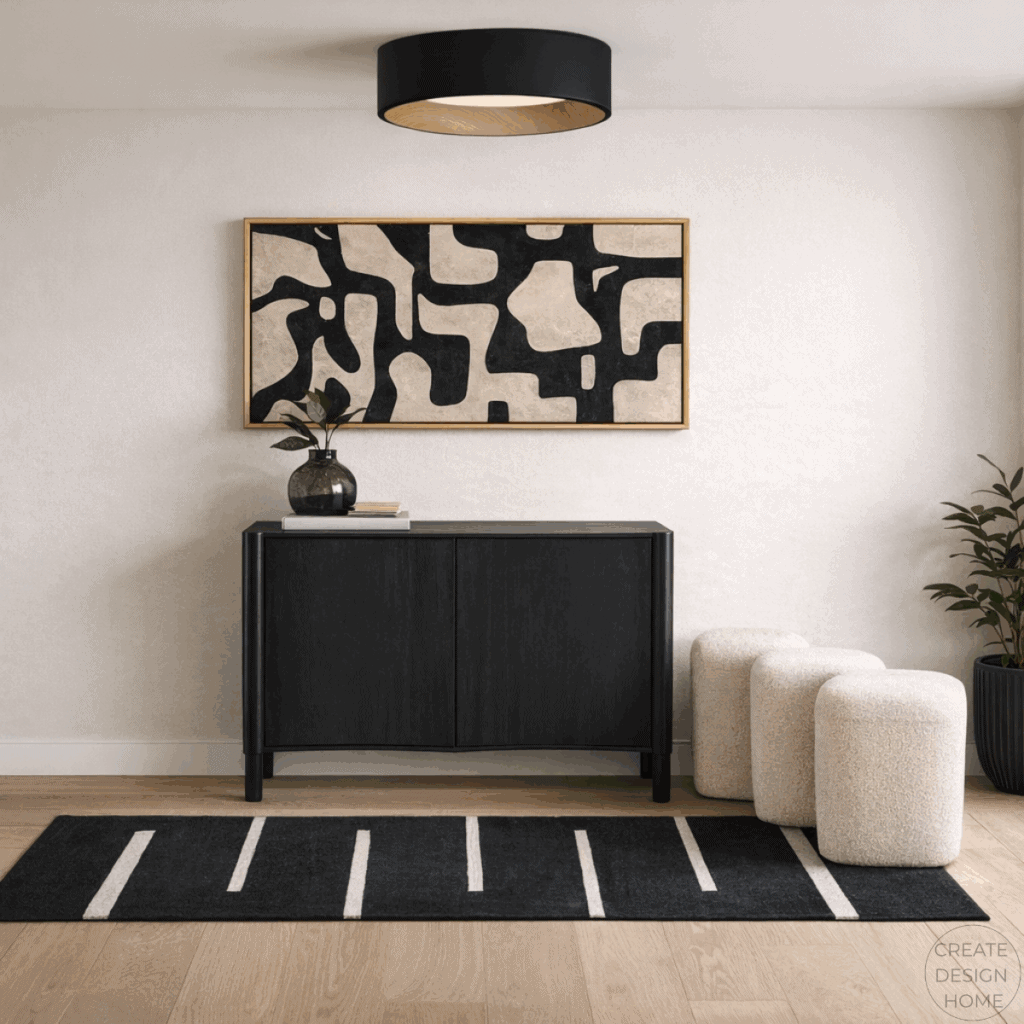 Contemporary entryway with black storage cabinet, graphic wall art, striped rug, and bouclé seating.