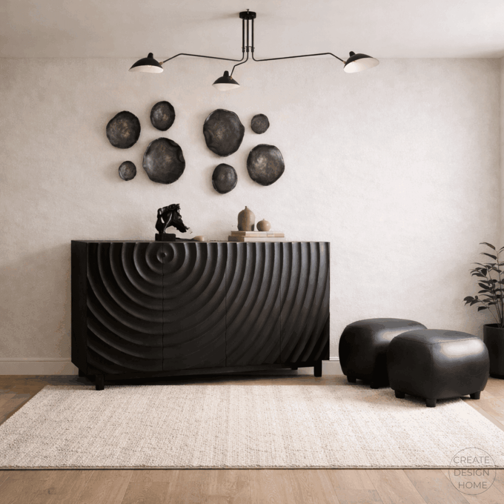 Contemporary entryway with sculptural black storage cabinet, organic wall art, textured rug, and low-profile seating.