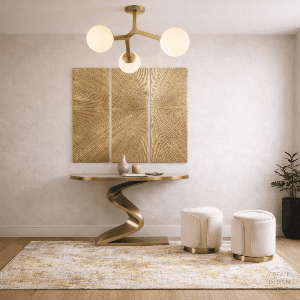 Contemporary entryway with sculptural curved console table, warm metallic wall art, soft neutral rug, rounded seating, and statement lighting.