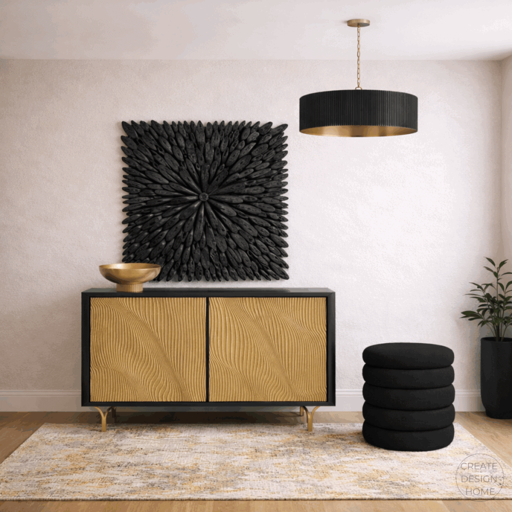 Contemporary entryway with wood-front storage cabinet, bold black wall art, neutral rug, stacked seating, and modern pendant lighting.