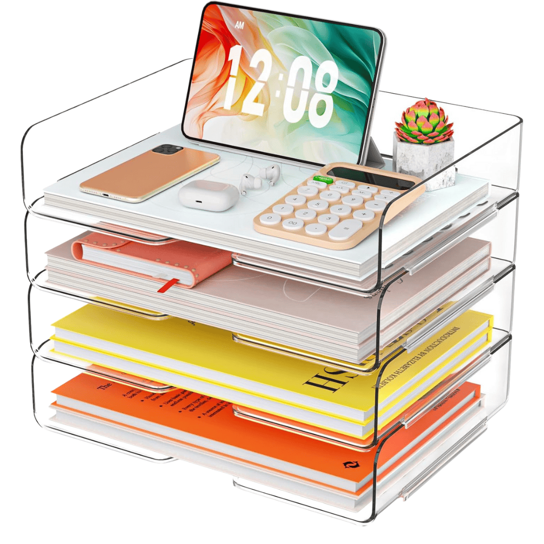 Acrylic desk trays keep paperwork organized