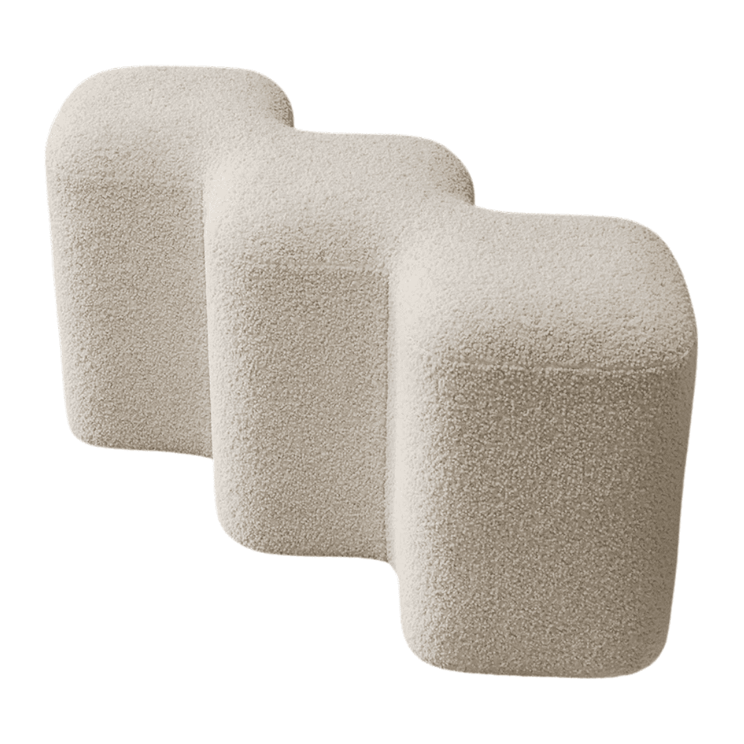 Bench | Bouclé Molecule Ottoman This sculptural bouclé bench adds softness and texture while maintaining a distinctly modern silhouette.