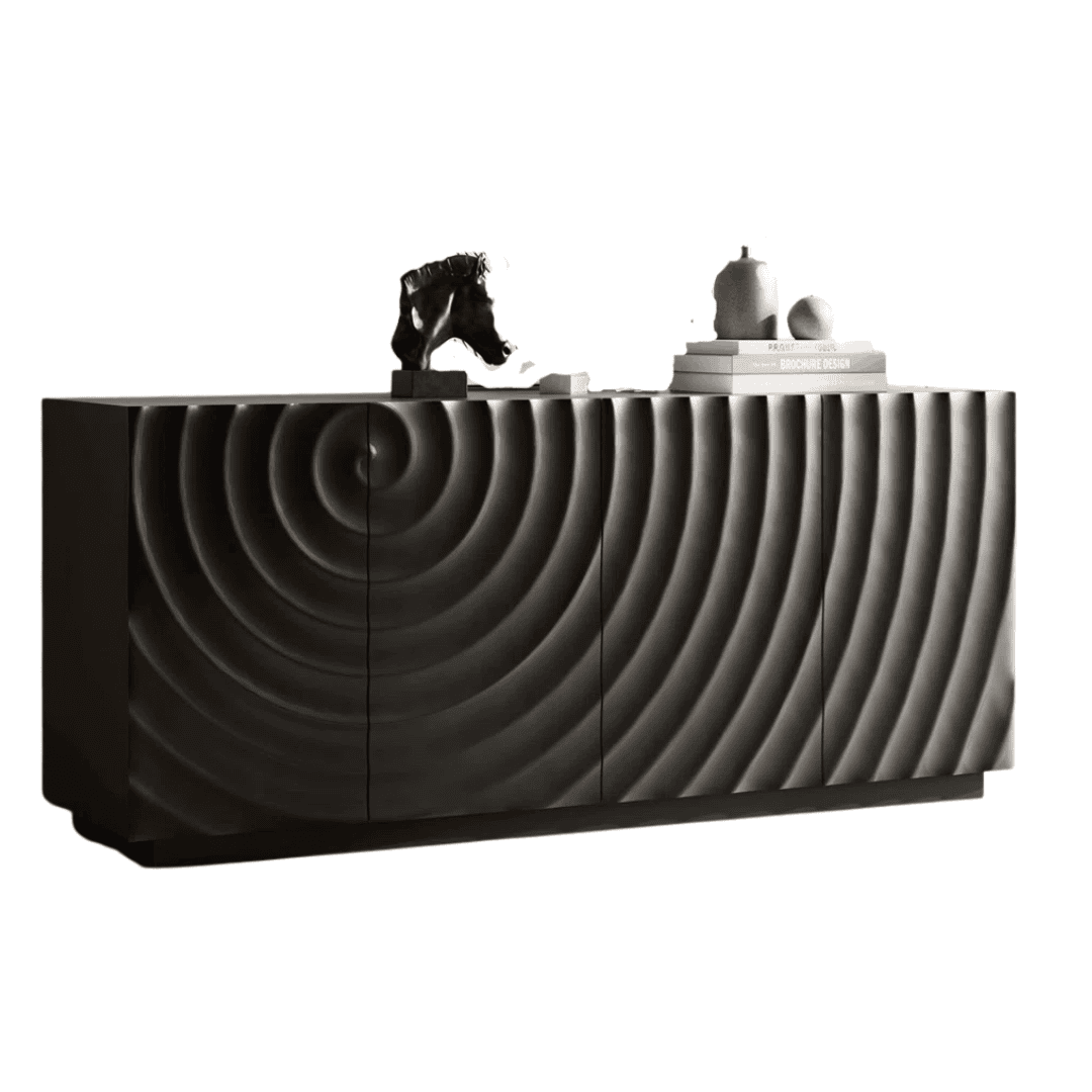 Cabinet Textured black sideboard with sculptural, ripple-like detailing.