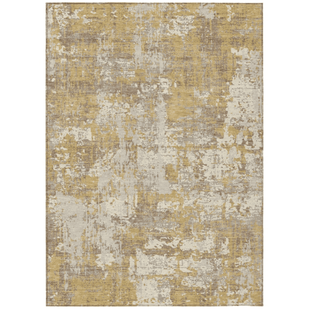 Rug Painterly gold rug adds warmth and subtle movement underfoot.