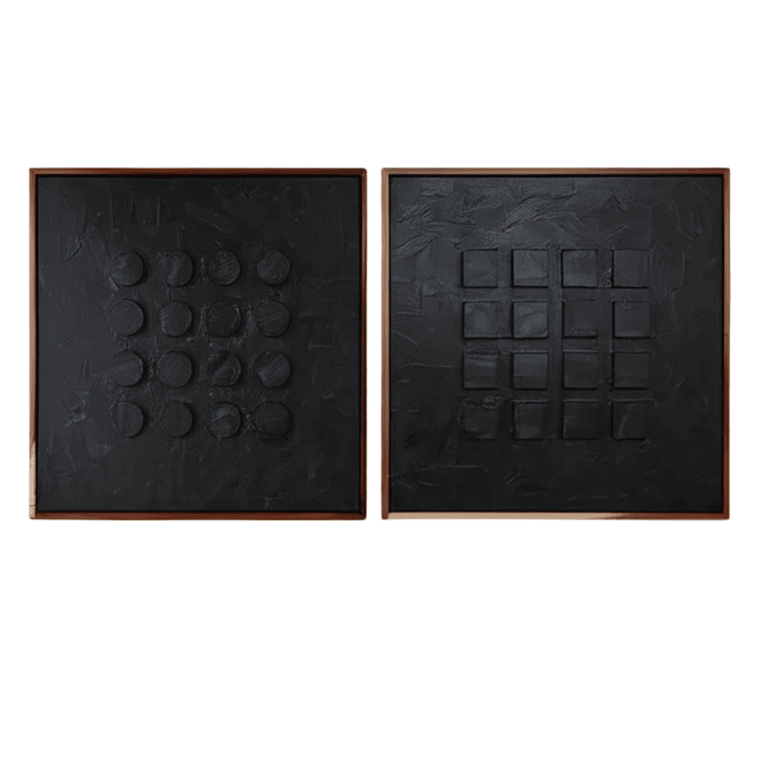Artwork: Oversized black block panels add depth through texture.