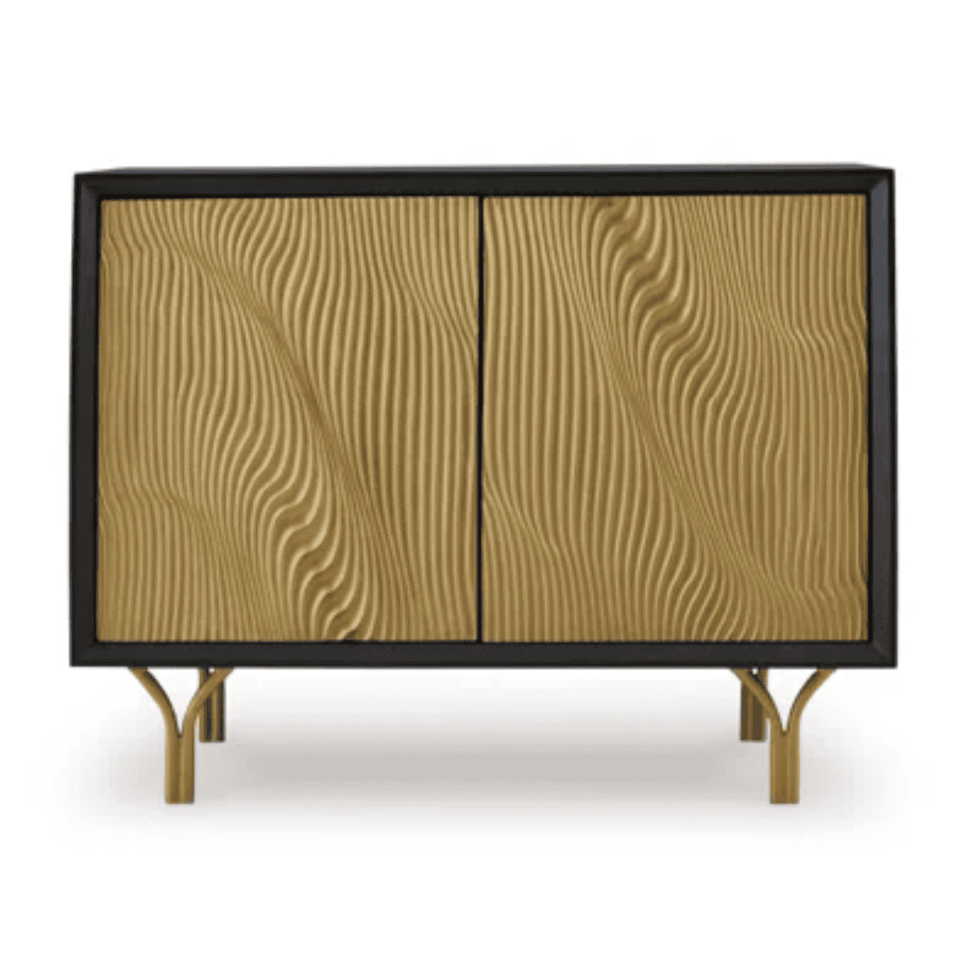 Cabinet Black and gold accent cabinet with sculptural carved doors.