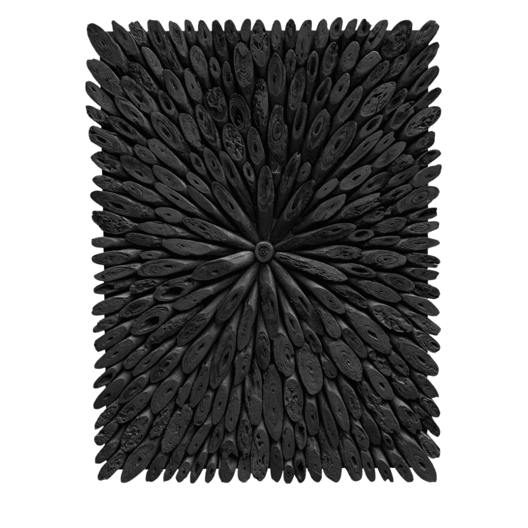 Artwork Handcrafted black wall sculpture adds depth and shadow.