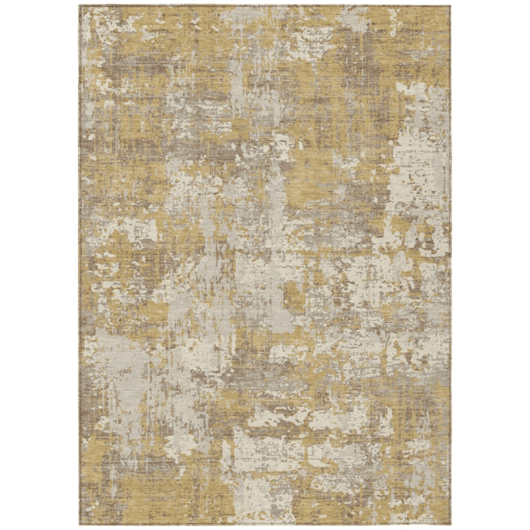 Rug Painterly gold rug brings warmth and visual softness.
