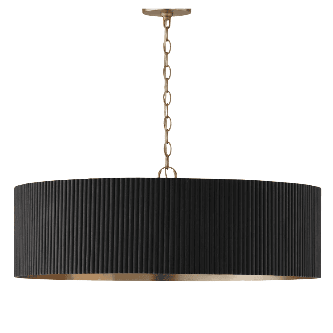 Light Fixture Drum chandelier with fluted texture and warm brass glow.