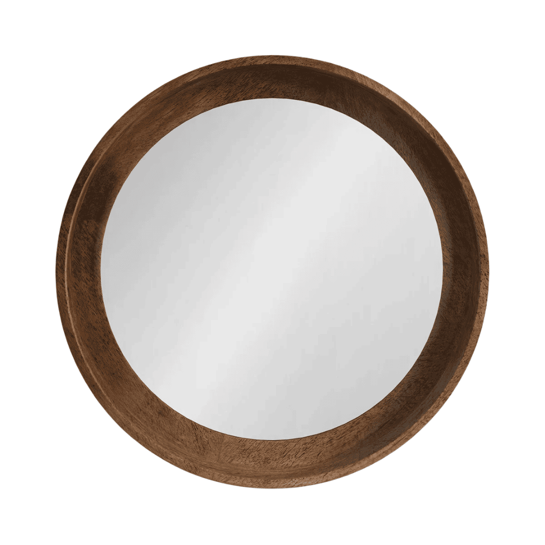 Deep wood-framed mirror adding warmth and subtle architectural depth