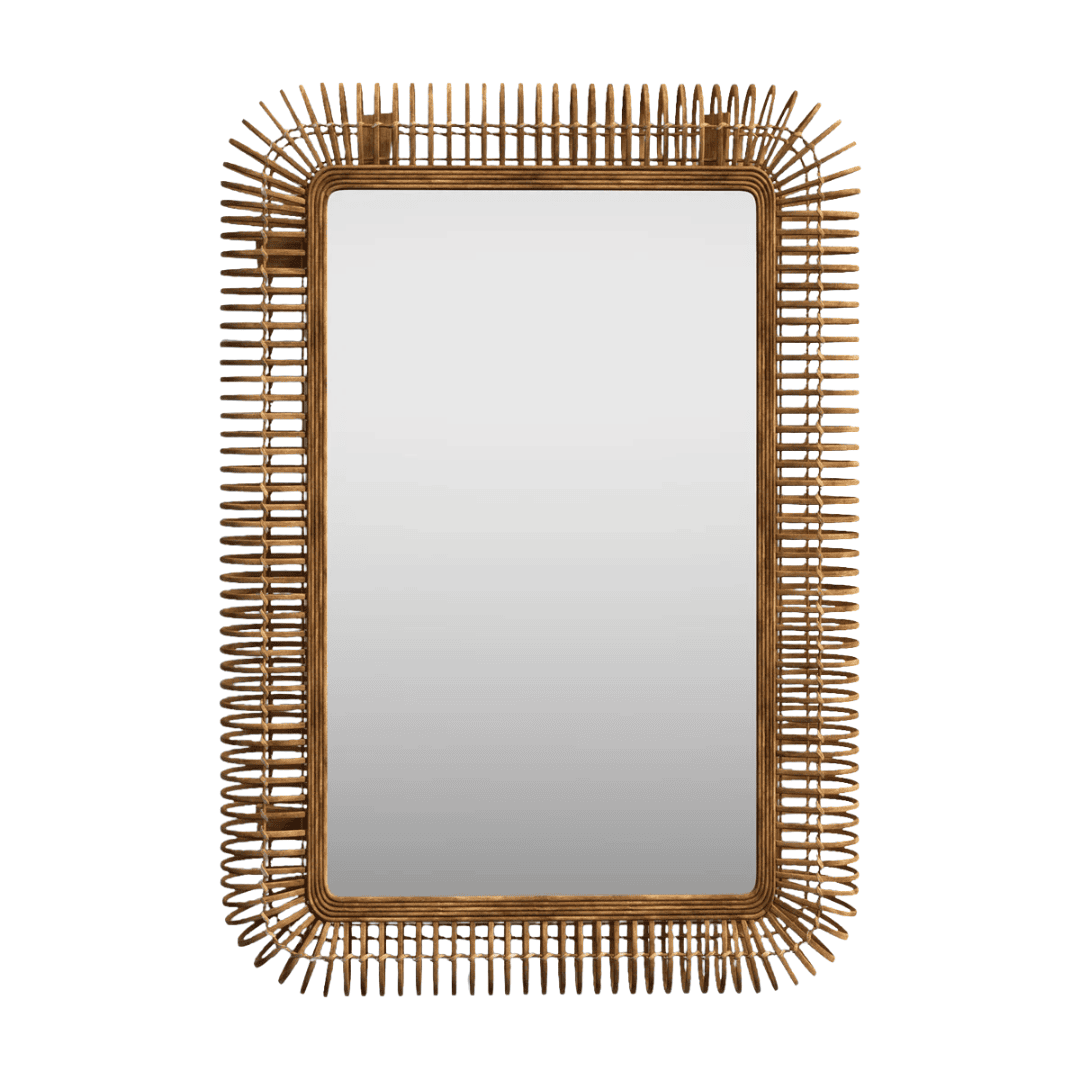 Handwoven rattan mirror reflecting light with natural texture