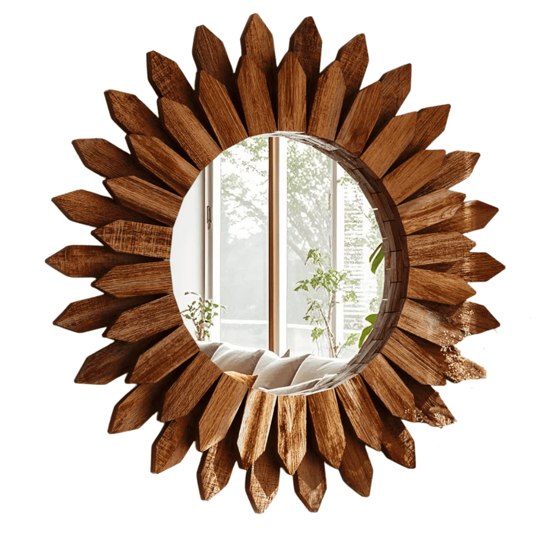 Petal-framed wood mirror blending function with decorative charm
