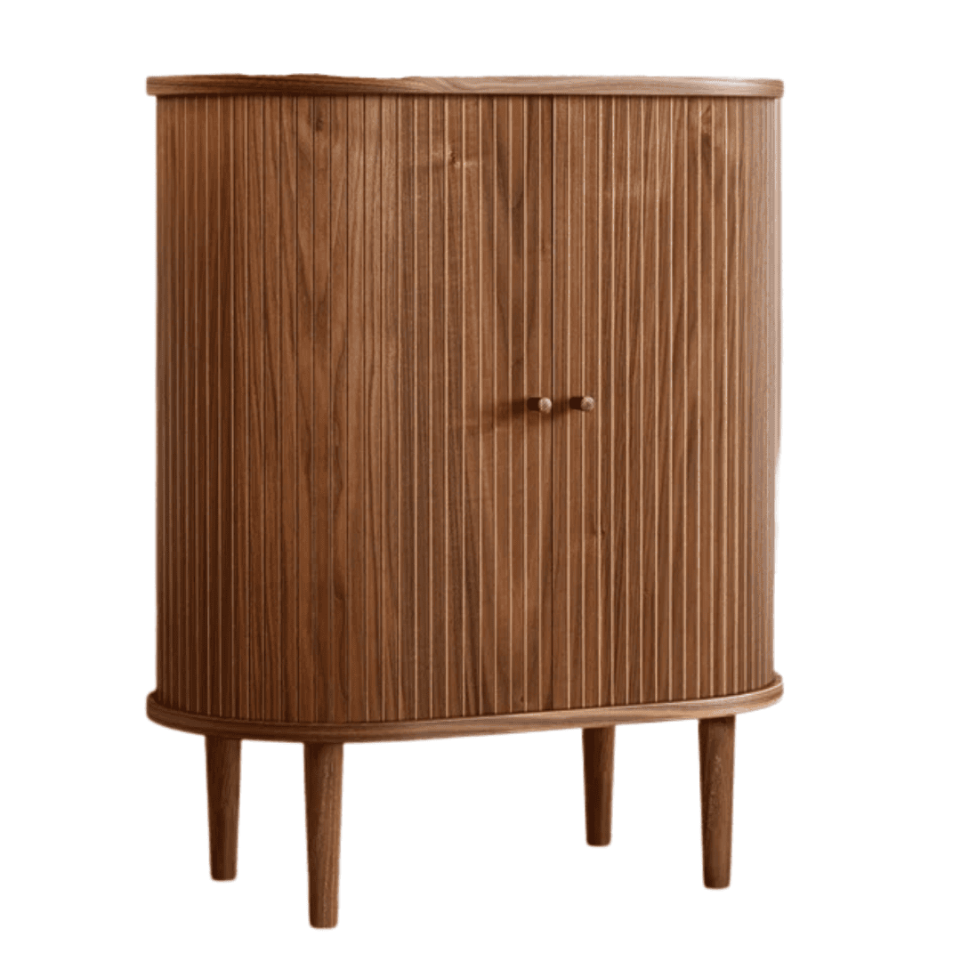 Walnut bar cabinet with sliding doors and compact storage.