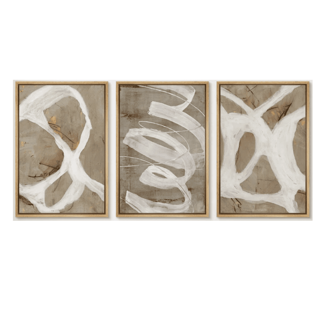 Soft neutral abstract triptych in warm, layered tones.