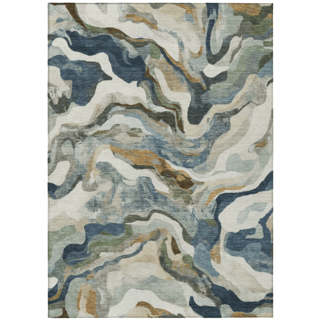 Painterly indoor-outdoor rug with muted movement.