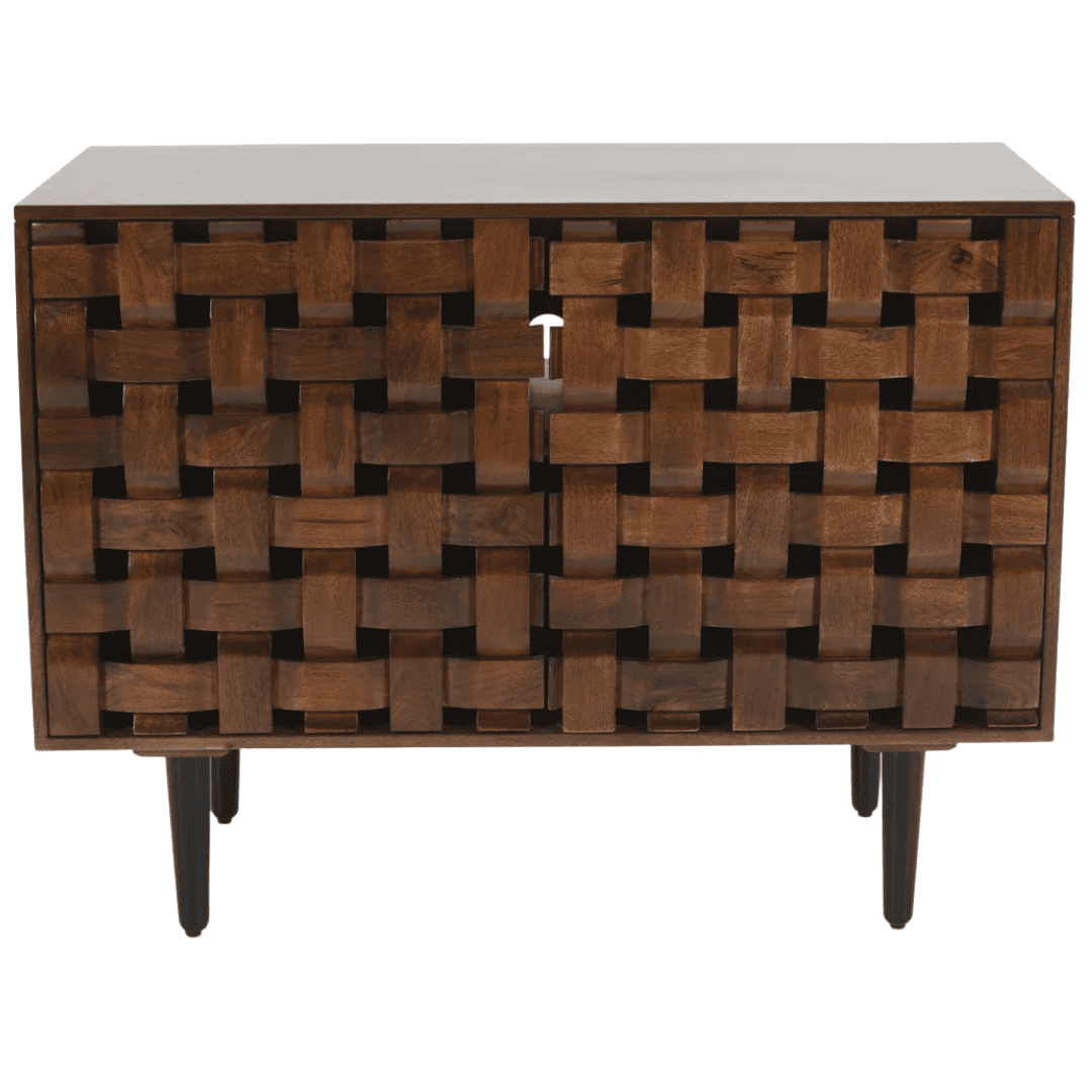 Carved wood cabinet with layered texture and warmth.