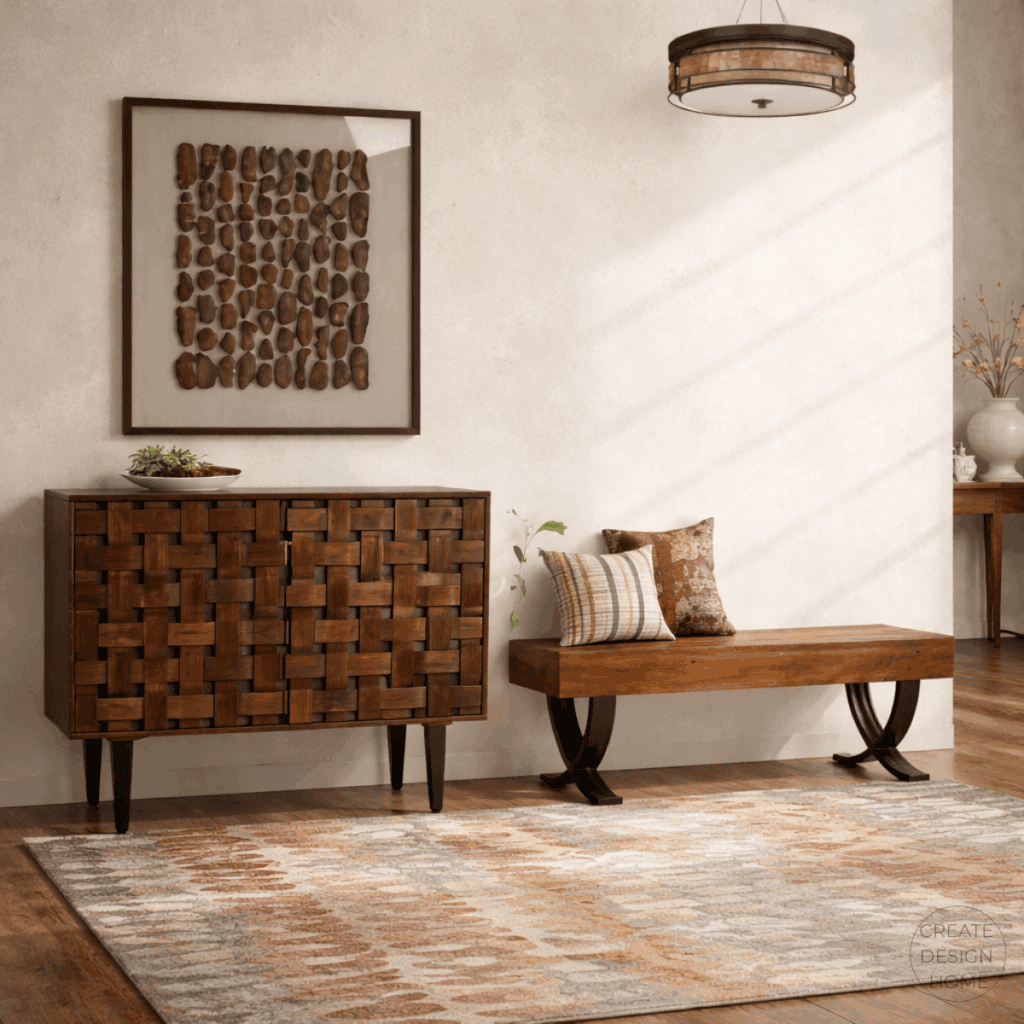 Transitional entryway featuring a woven wood storage cabinet, simple wood bench, textured rug, and neutral wall art.