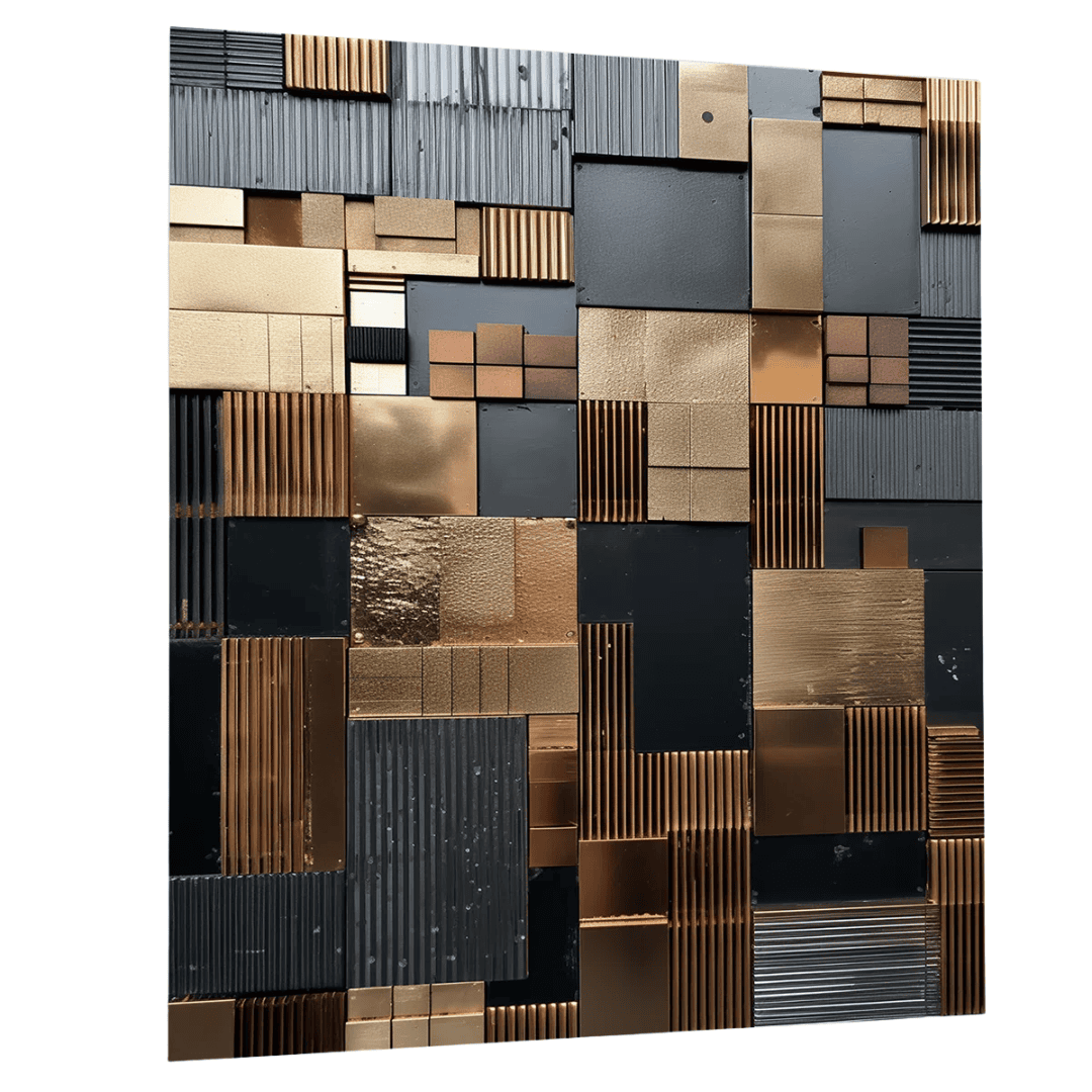 Abstract bronze and black geometric metal wall art in transitional style