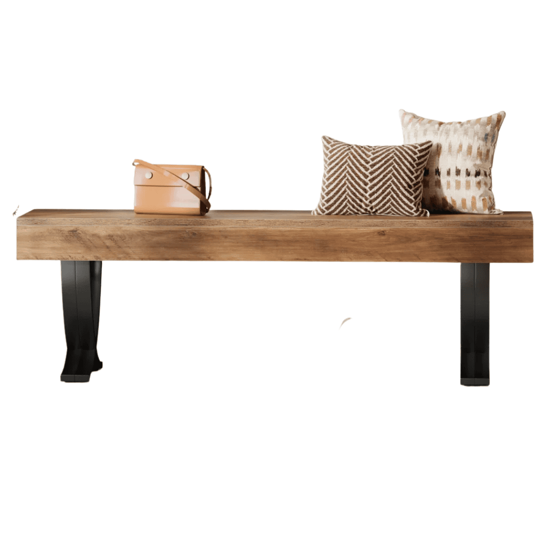 Wood bench with sculptural base and everyday function.