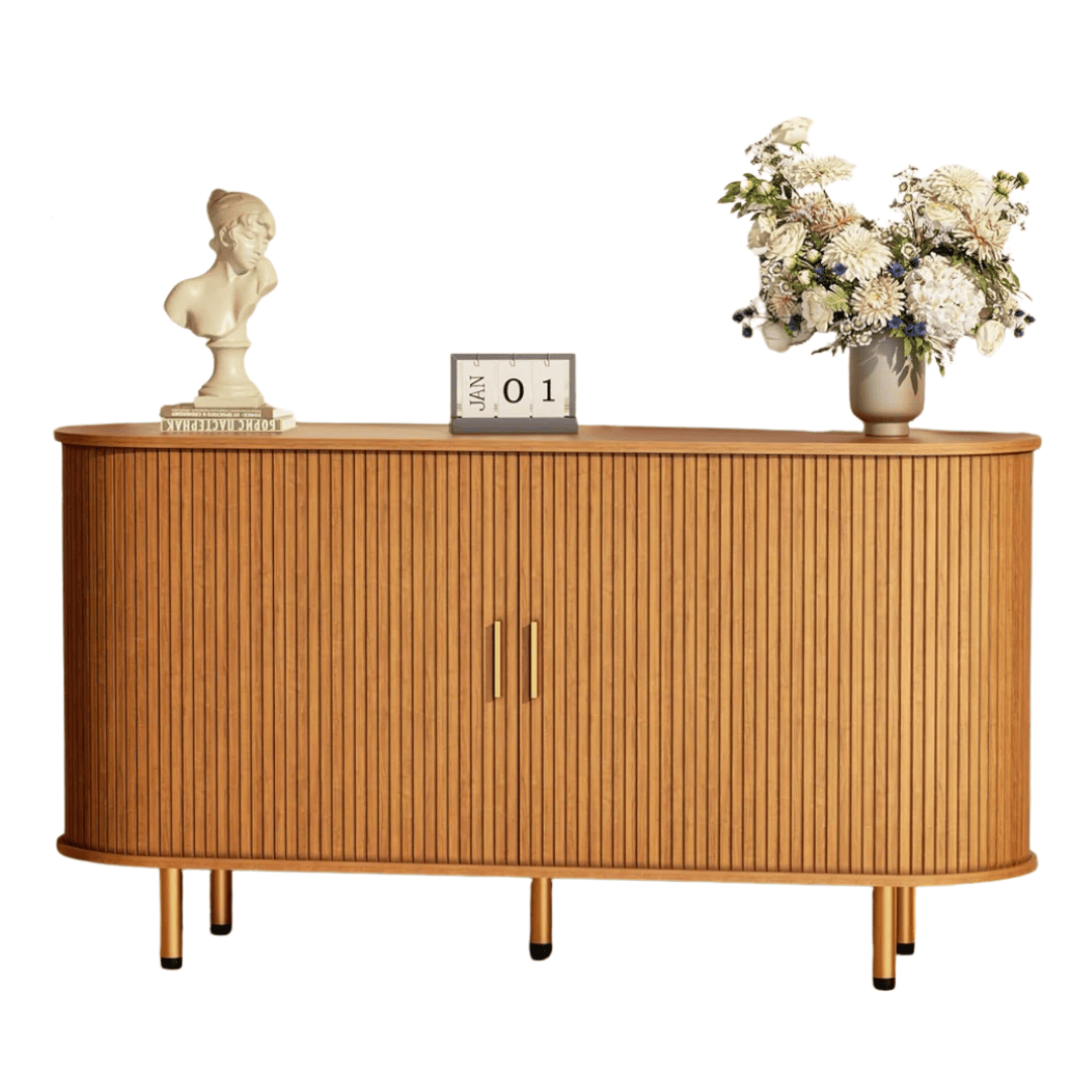 Curved wood sideboard with streamlined storage and sculptural presence