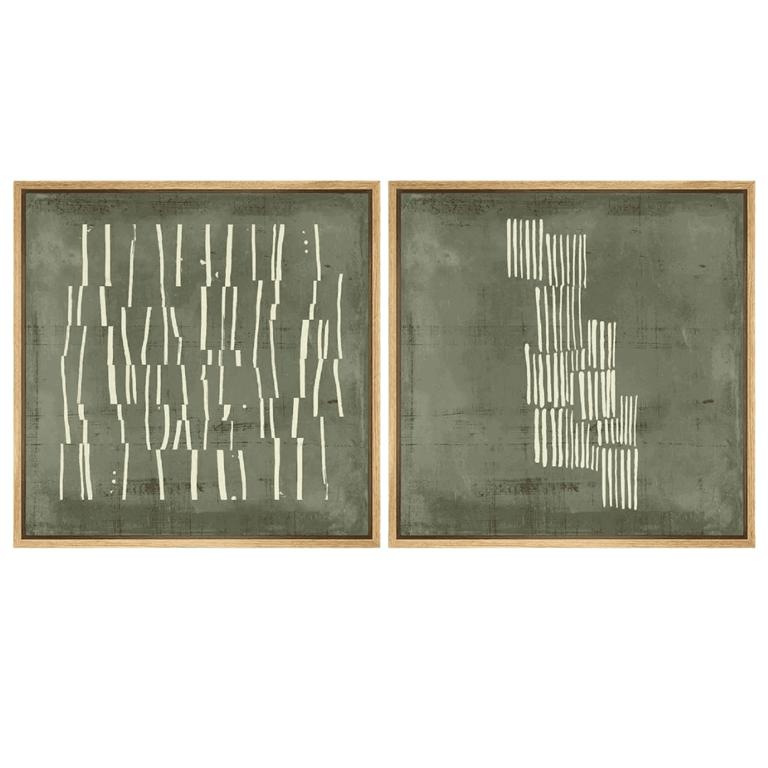 Green and white geometric art adds structure and subtle contrast