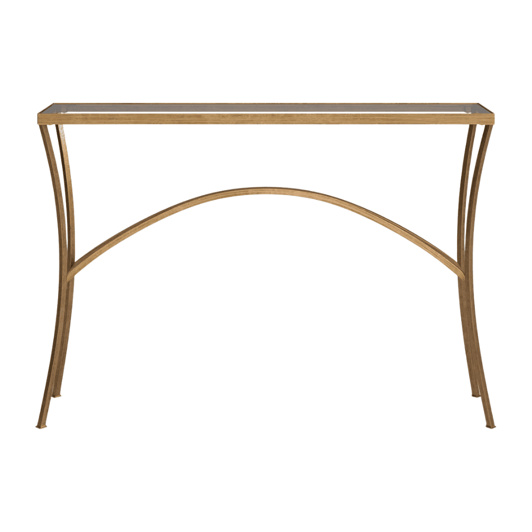 Curved gold console with glass top and elegant proportions