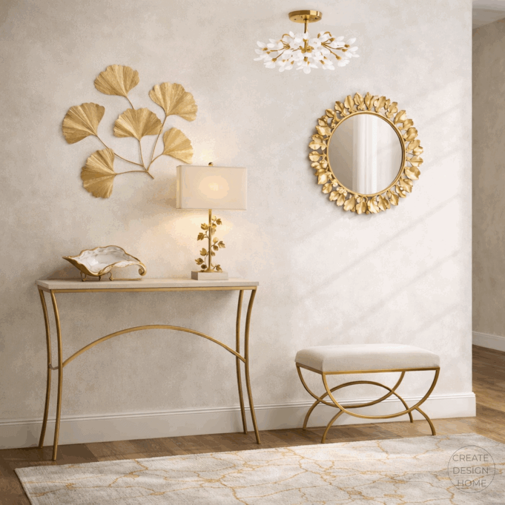 Transitional entryway featuring a slim gold console table, sculptural ginkgo wall art, a round gold mirror, and an upholstered bench in soft neutral tones.