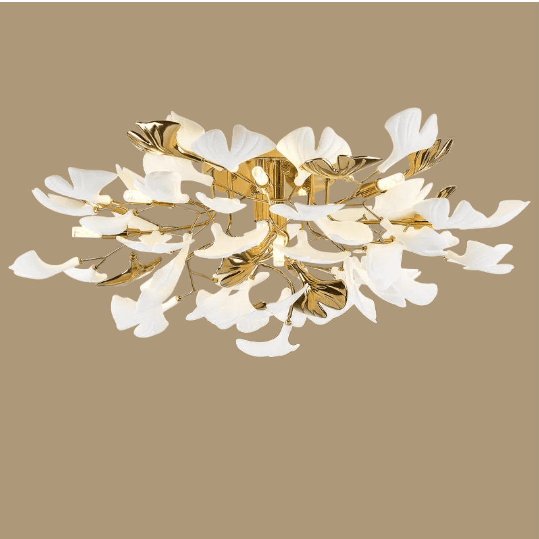 Ginkgo-inspired brass ceiling light with ceramic leaf details