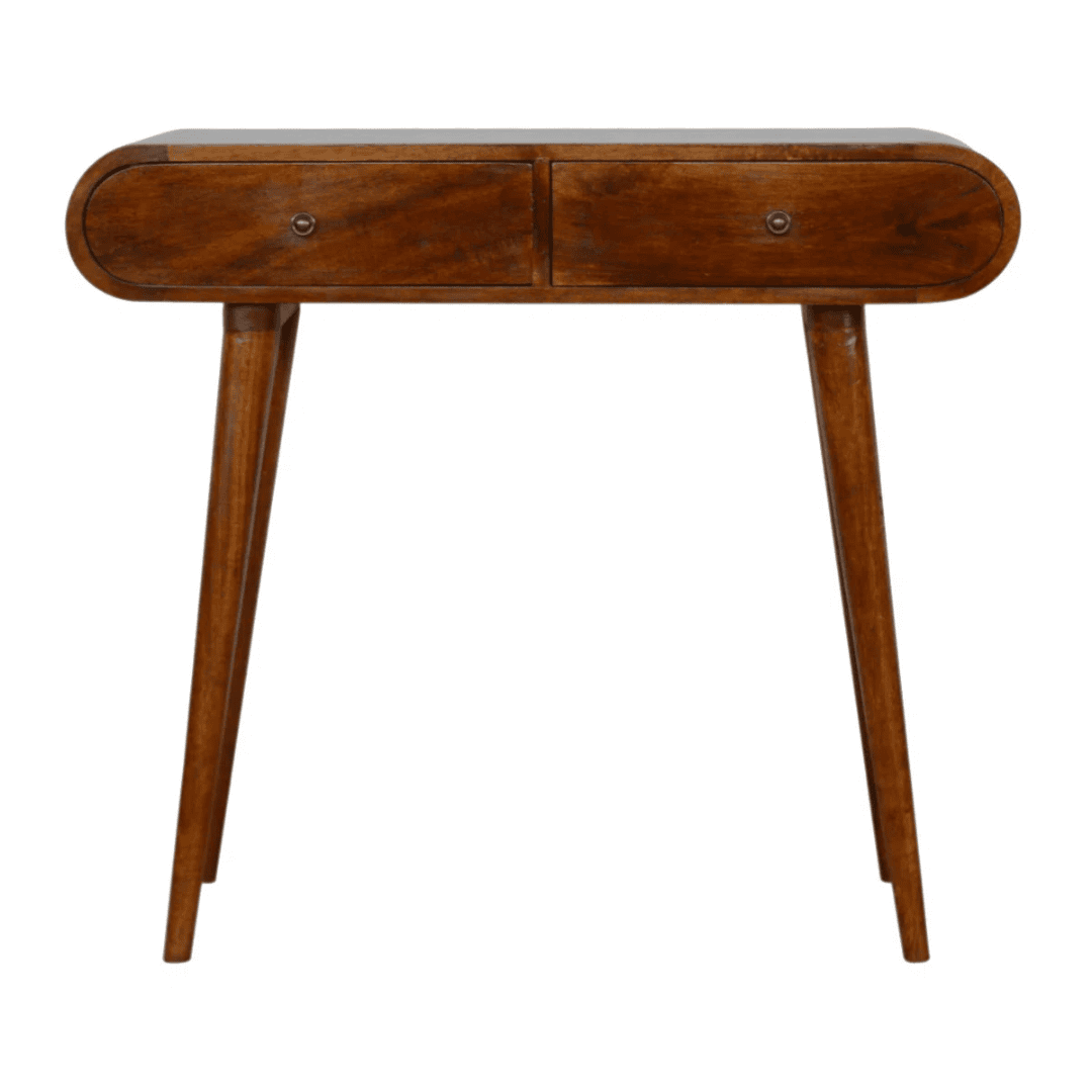 Compact wood console with tapered legs and mid-century character