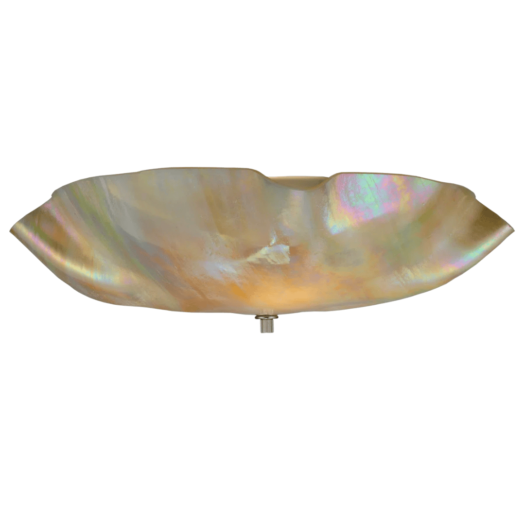 Transitional iridescent glass flush mount ceiling light with soft beige tones