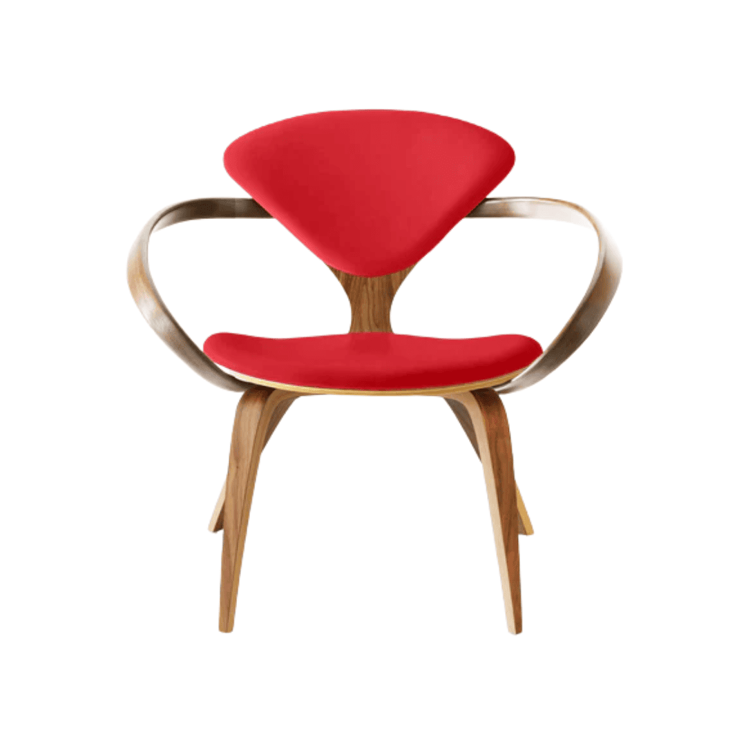 Red Cherner Lounge Armchair with molded plywood frame and upholstered seat.