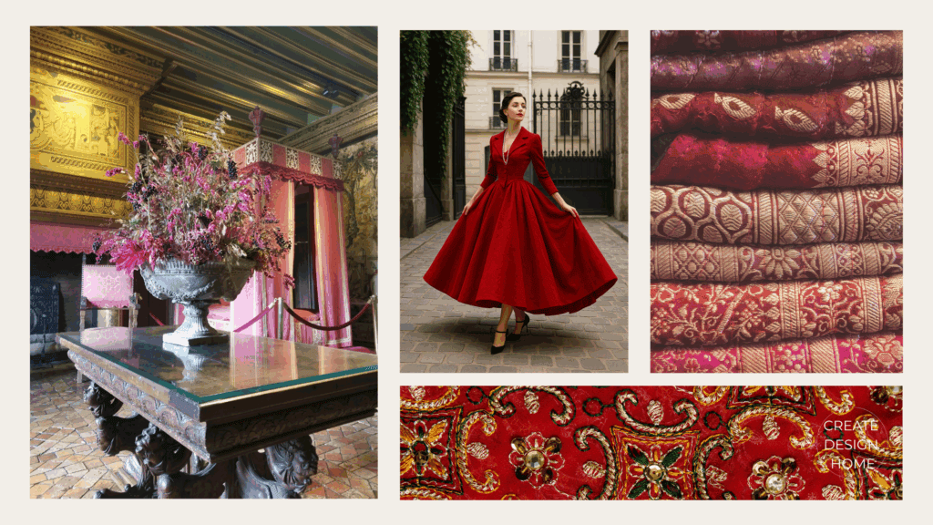 Collage of historic red interior, couture-inspired red gown, and richly patterned red textiles representing the power of red in design
