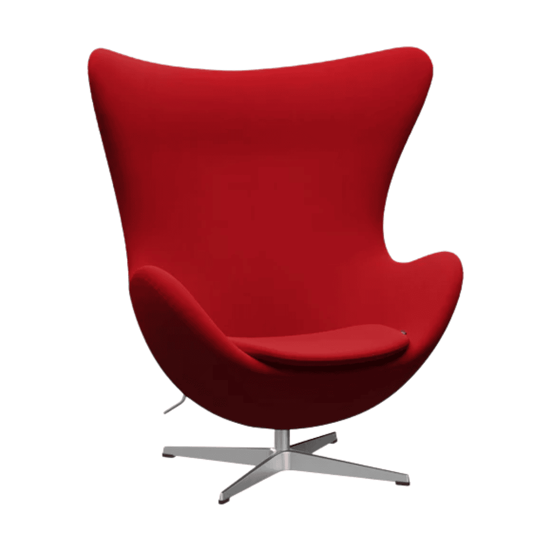Red Egg Chair by Arne Jacobsen with high curved back.