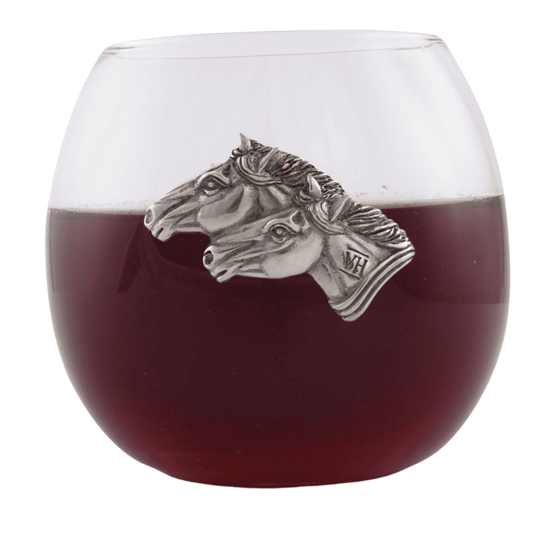 Pewter horse stemless wine glass on white background